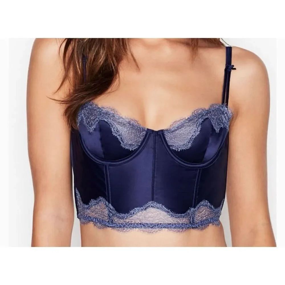 C 35 Victoria’s Secret unlined Demi long line corset navy bra size 34DD NWT